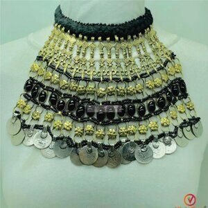 Vintage Massive Black Choker Necklace, Afghan Choker With Glass Stones and Coins